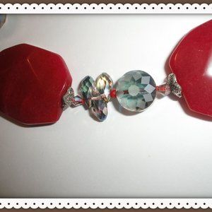 Necklace 20” Silver 925  Red Jade & Rainbow Fine Pear & Round Cut Crystals